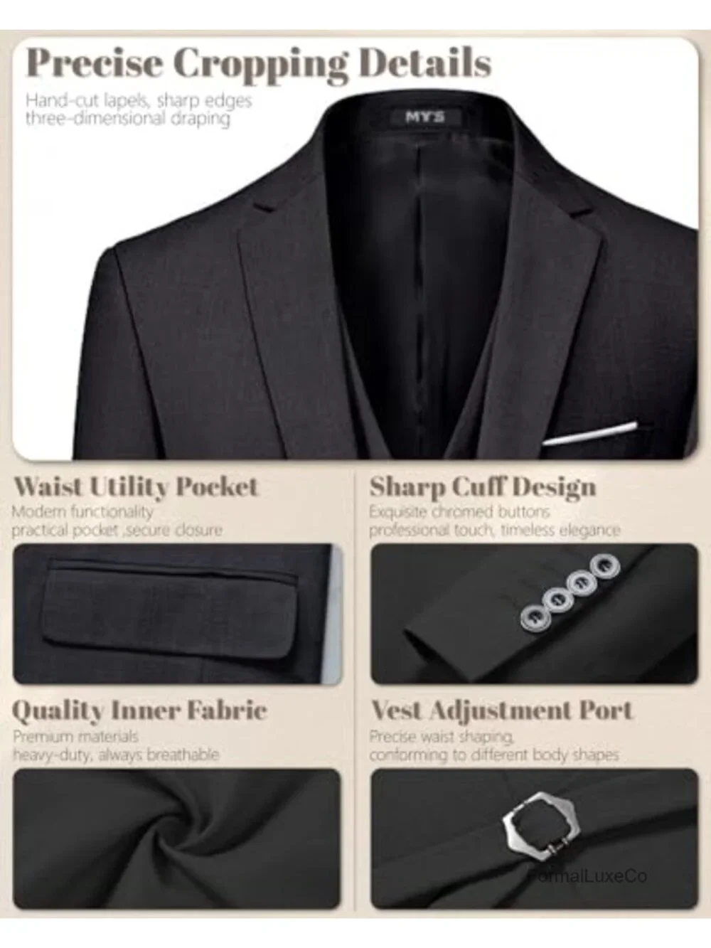3 Piece Slim Fit Suit Set with Blazer Vest Pants Tie Buttons Men's
